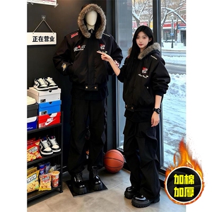 现货高品质美式高街重磅刺绣座山雕大毛毛领棉衣男女加厚棉服外套图片