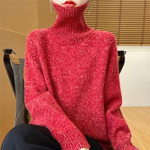 秋冬新品气质高领羊毛衫 显瘦百搭红色毛衣女图片