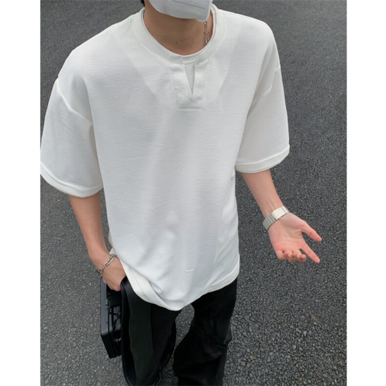 2026夏大码假两件华夫格五分短袖T恤潮流宽松T6601/特P25白色,男装T恤,电商A094