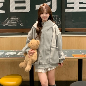 抖音得物高品质秋冬美式高街重磅结构辑明线纹理连帽卫衣外套W111