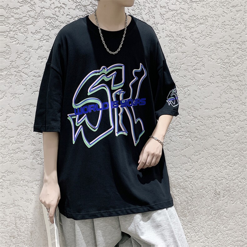 港风原创设计款印花短袖T恤简约大码宽松男潮517A-1-T912-P28控38,男装T恤,星座517A-1