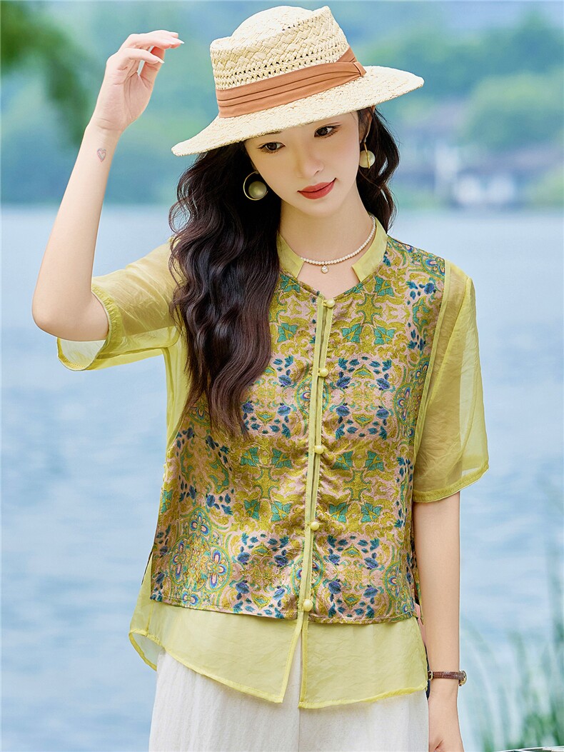 现货2026年夏季新款中老年式假两件复古短袖小衬衫马甲上衣T恤女,女装衬衫,璐依舞