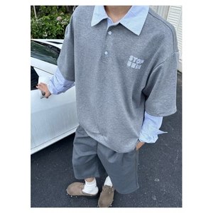 ins美式假两件衬衫拼接男女春季高级感慵懒风宽松小众设计感上衣图片