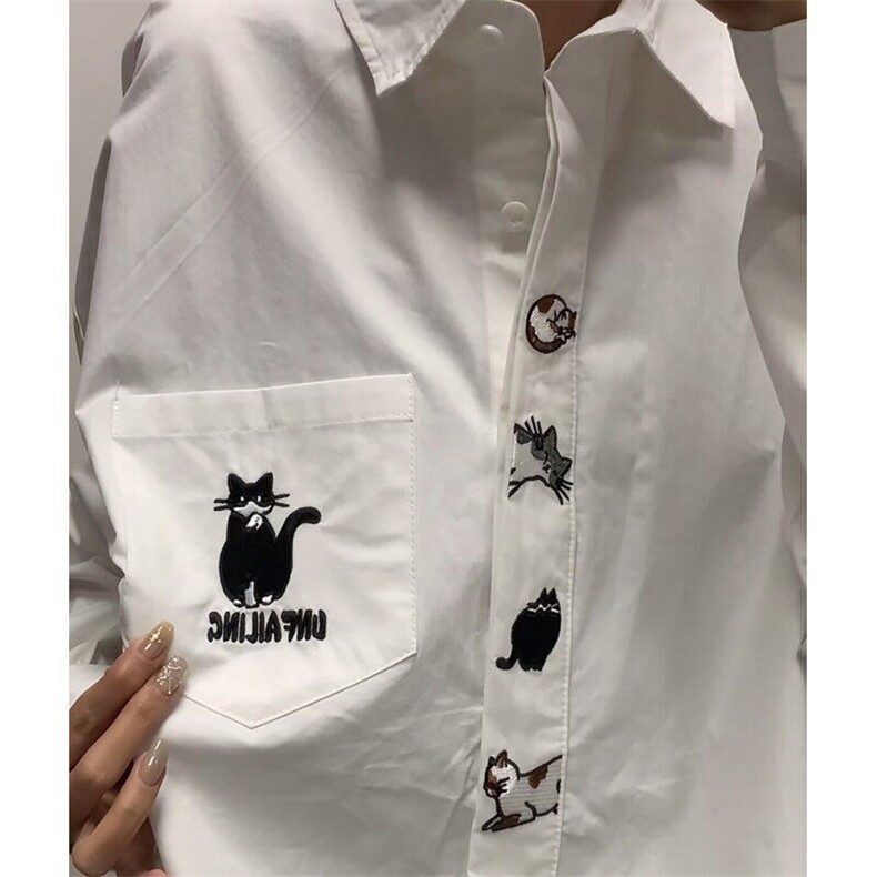 日系复古可爱趣味猫咪刺绣长袖衬衫男女潮牌学院风BF情侣学生衬衣,男装衬衫,星座601-1