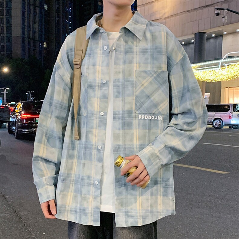 特批P43无差价春季新款港风高街字母印花休闲格子衬衫外套男C2503,男装衬衫,电商A001