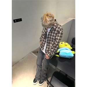 春秋新款下摆流苏破坏衬衣男女经典基础翻领复古格子衬衫外套上衣图片