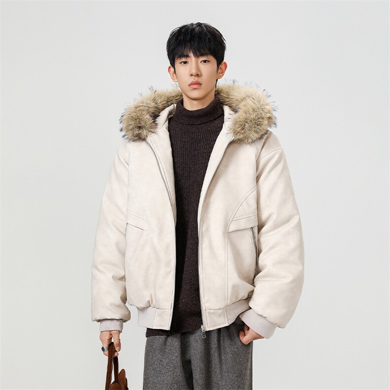 现货扎染PU皮棉服男冬季加厚连帽棉衣座山雕大毛领外套M090-P120,男装棉衣,星座308B-2