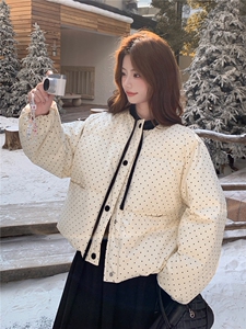 新款现货2025年冬季千金风波点韩系休闲短款丝绒领带羽绒服外套图片
