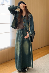 小众设计感短款牛仔外套半身裙两件套2024秋新款时尚甜酷风套装裙图片