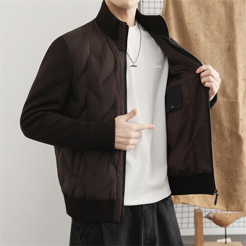 高端轻奢针织袖羽绒服男2025冬季新款潮流90鸭绒立领拼接外套,男装羽绒服,星座914