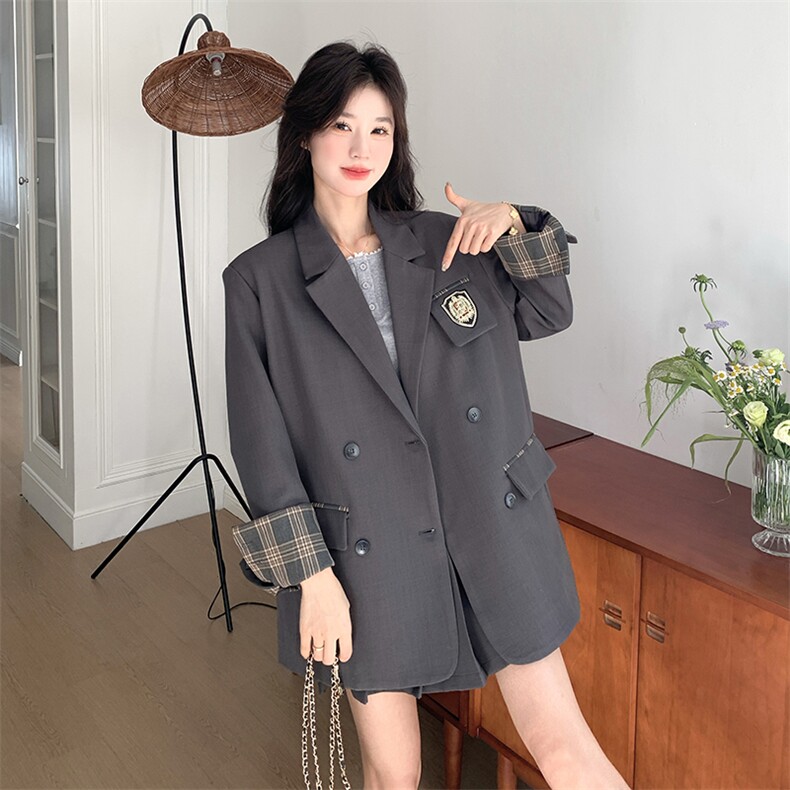 韩系学院风西装套装裙女2025春季新款格纹拼接西服百褶裙两件套裙，女装套装/套裙，韩蜜菓