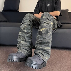 潮流美式高街褶皱感迷彩休闲裤嘻哈工装直筒微喇显瘦长裤男K16，男装休闲裤，星座1013