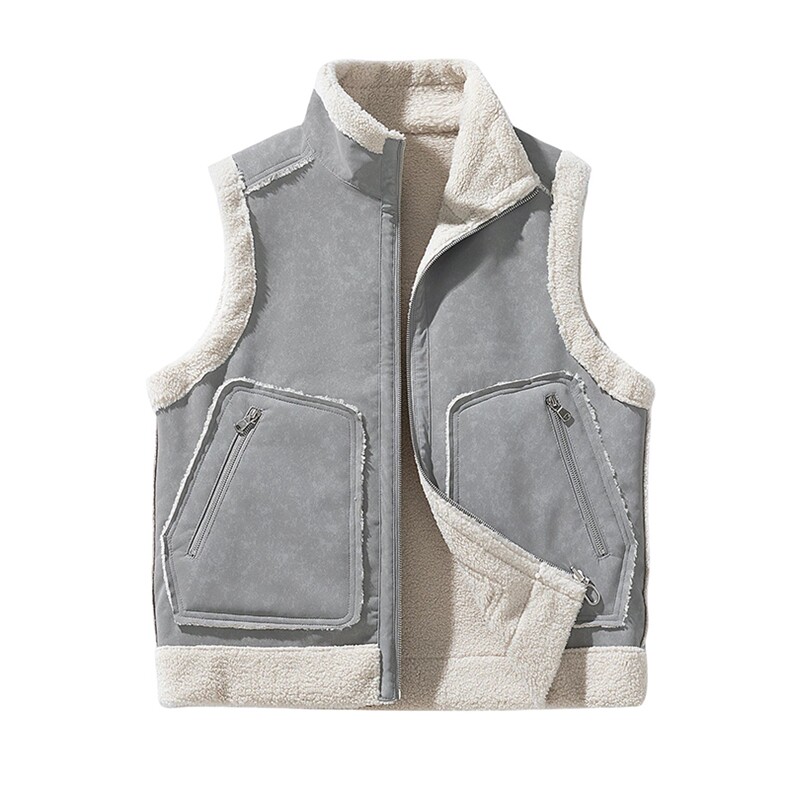 双面穿皮毛一体马甲男女同款立领口袋保暖上衣图片