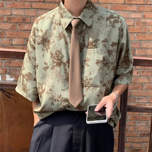 翻领潮牌宽松型慵懒时尚都市流行夏季碎花男短袖潮流日常衬衫