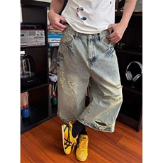 夏季复古破洞牛仔短裤男宽松百搭直筒七分阔腿乞丐中裤L11477-p50，男装牛仔裤，星座1008