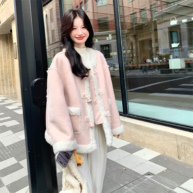 粉色羊羔毛外套女冬季2025年新款韩系超好看加厚保暖皮毛一体上衣,女装棉衣/棉服,2C007