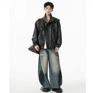 网图慎用 翻领皮夹克外套男宽松情侣外套潮美式休闲夹克PY951 P80图片
