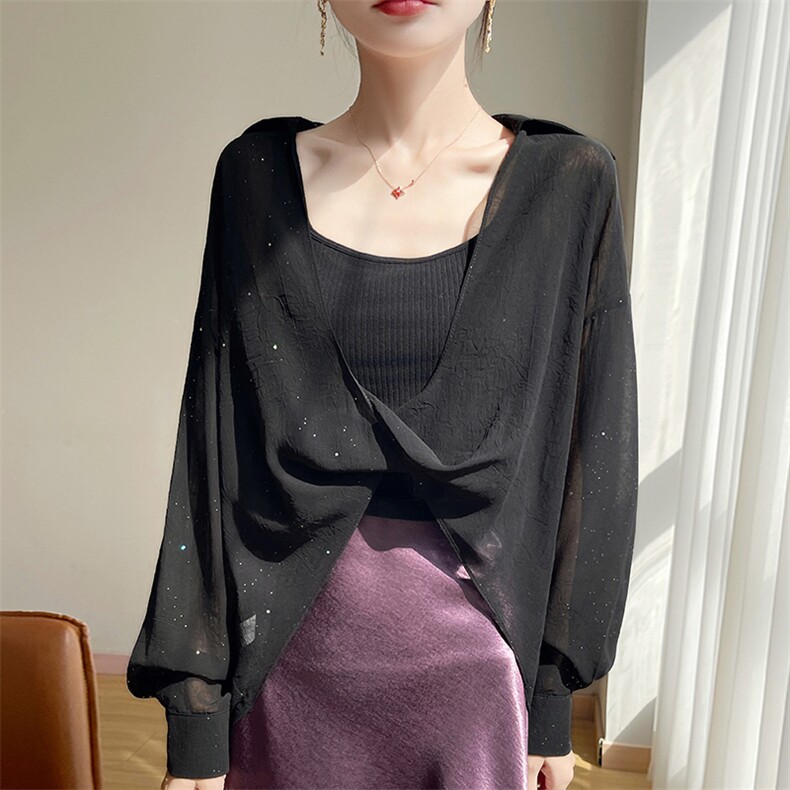 设计感小众衬衫女2025年下高级感白色宽松长袖配吊带裙子防晒罩衫，女装蕾丝衫/雪纺衫，圣丽羊绒