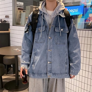 秋季连帽牛仔外套男宽松潮流帅气港风假两件上衣服潮牌夹克衫图片