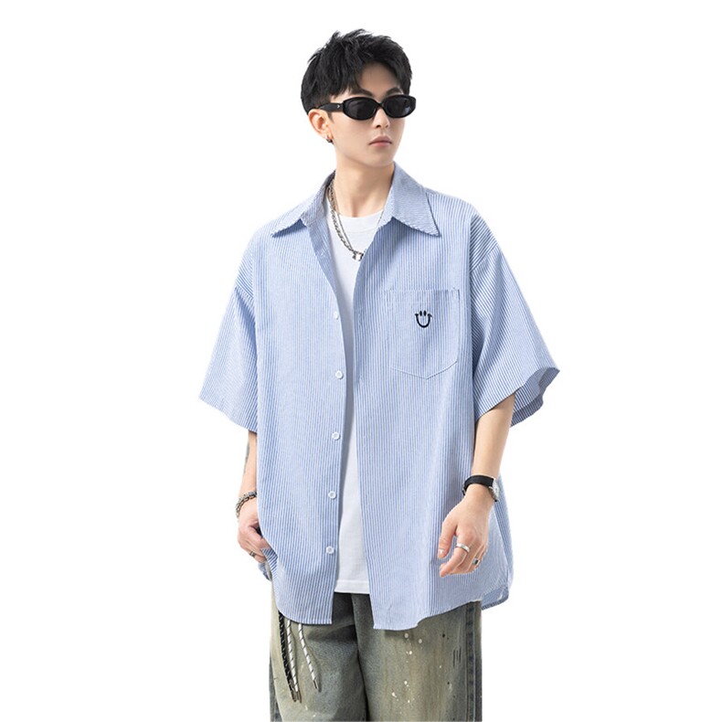 笑脸刺绣条纹短袖衬衫男xh101-特p38,男装T恤,电商B367