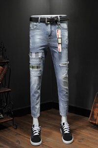 2021夏季薄款弹力牛仔裤男潮牌修身小脚裤九分裤QT6027-89086图片