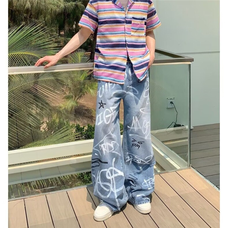 美式2025春新款今年流行高腰宽松米奇涂鸦印花弯刀阔腿牛仔裤,男装牛仔裤,星座506A