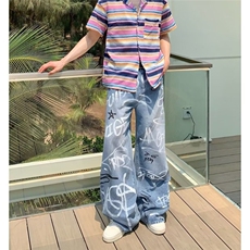 美式2025春新款今年流行高腰宽松米奇涂鸦印花弯刀阔腿牛仔裤，男装牛仔裤，星座506A