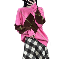 新款菱形图案圆领针织套头上衣时尚百搭，女装针织衫/毛衣，贝美羊绒