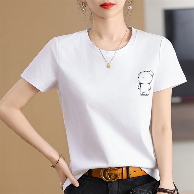 丝光棉烫钻烫画刺绣短袖t恤女夏季新款韩版宽松显瘦百搭圆领上衣,女装T恤,元素羊绒