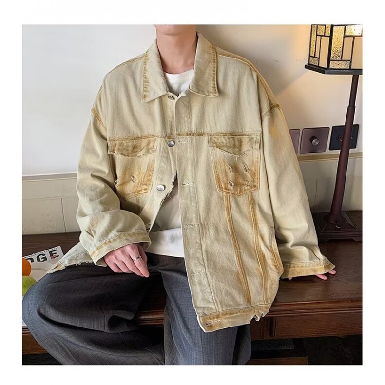 工装牛仔外套新款设计感小众破洞夹克潮牌潮流宽松痞帅WT2288p75,男装夹克,星座1013