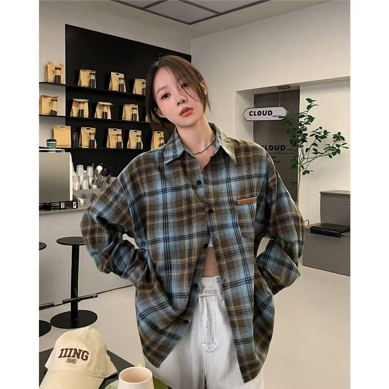 Q11/P36 美式复古格子衬衫男女款外穿长袖上衣慵懒衬衣外套图片