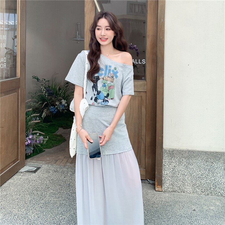 韩系2025夏季新款女时尚洋气圆领收腰显瘦上衣+松紧腰半身裙套装,女装连衣裙,2C323