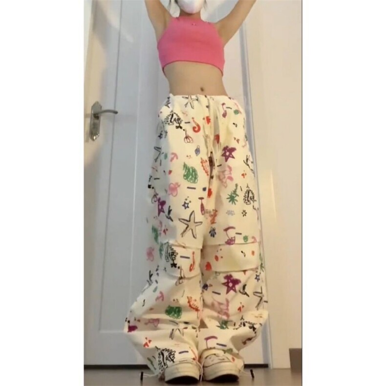 AK2375-P45夏季高腰显瘦美式复古hiphop趣味涂鸦满印工装裤子,女装休闲裤,星座617A-2