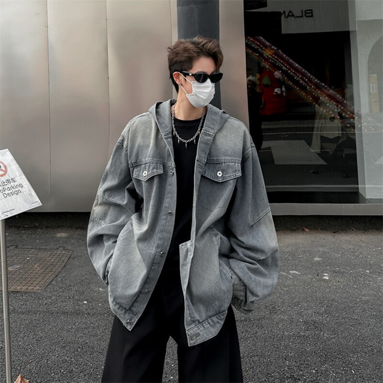 2025新款美式牛仔外套男宽松连帽工装上衣水洗夹克现货W8569-P72图片
