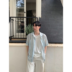 韩版条纹镂空短袖衬衫男女夏季帅气潮流冰丝透气半袖衬衣叠穿外套，男装T恤，星座1210-1
