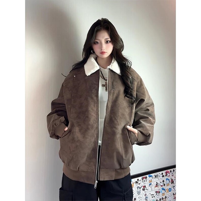 现货重磅硬挺boxy羽绒棉衣座山雕羊羔毛领洗水麂皮棉服冬外套,男装棉衣,电商A486-1