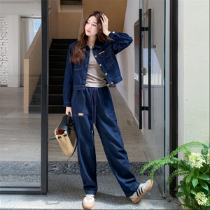 时尚休闲牛仔衬衫套装裤女春秋又a又飒御姐盐系轻熟巨好看两件套图片