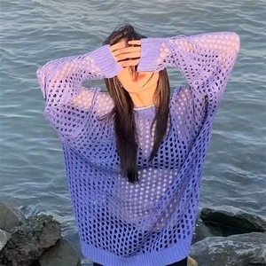 760-P35男女紫色镂空设计针织衫宽松休闲时髦毛衣毛线