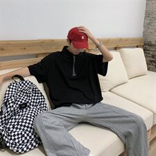 2021夏装港风新款ins潮流宽松polo衫韩版拉链个性短袖T恤PL01/，男装Polo衫，电商D202