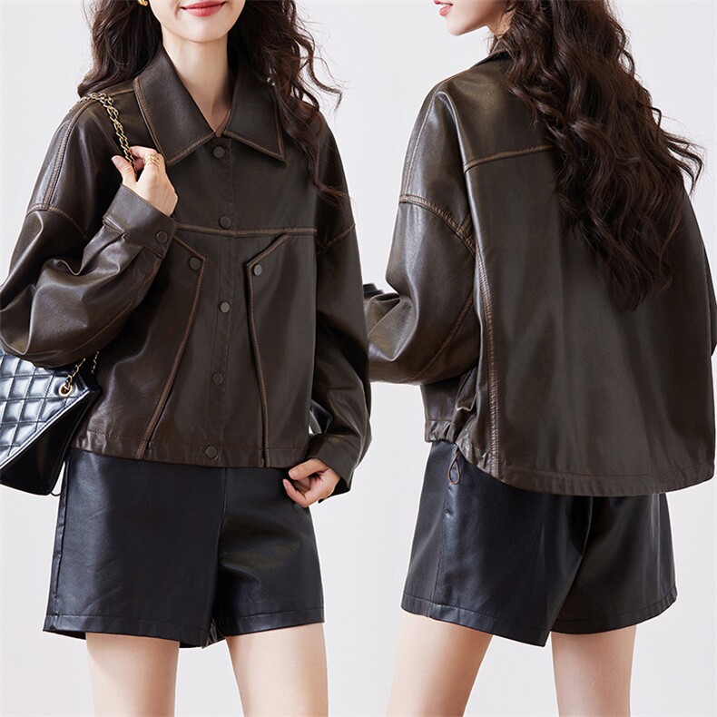 复古拼色皮衣短外套女2024春秋新款高级感小个子机车PU皮夹克上衣，女装皮衣，潮流依族