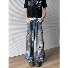 美式高街牛仔裤男女炸街帅气百搭破洞2025夏季ins长裤RK2618-P56，男装牛仔裤，星座412-3