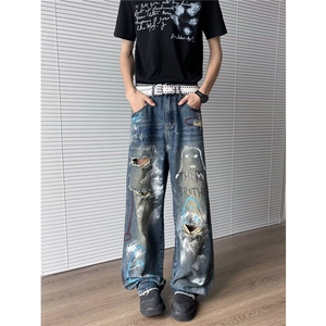 美式高街牛仔裤男女炸街帅气百搭破洞2025夏季ins长裤RK2618-P56图片