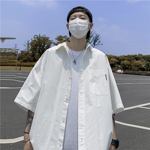 DC316-P35衬衫男短袖春季新款潮流百搭青少年休闲宽松衬衣,粉色棉服搭配黑色高领图片