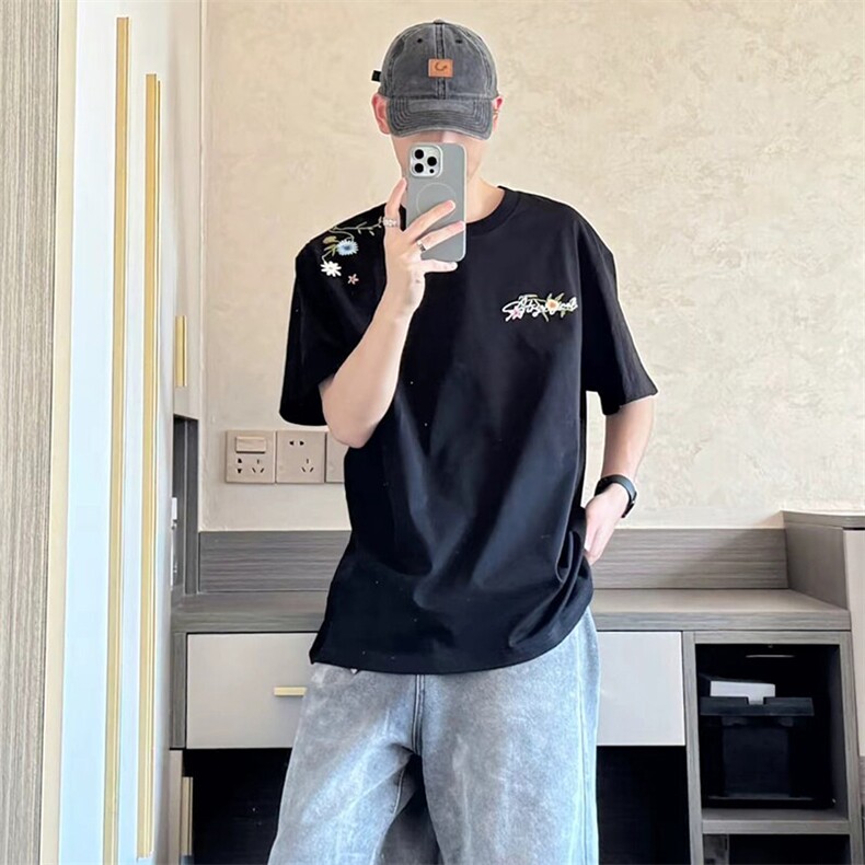万针全刺绣工艺抖音得物高品质260克重磅纯棉双纱美式高街短袖T恤,男装T恤,电商A486