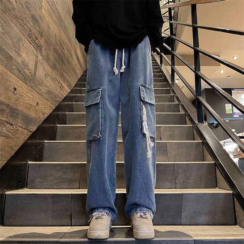 港风秋款男牛仔裤工装大口袋直筒宽松长裤NK858P50,男装牛仔裤,星座1013-1