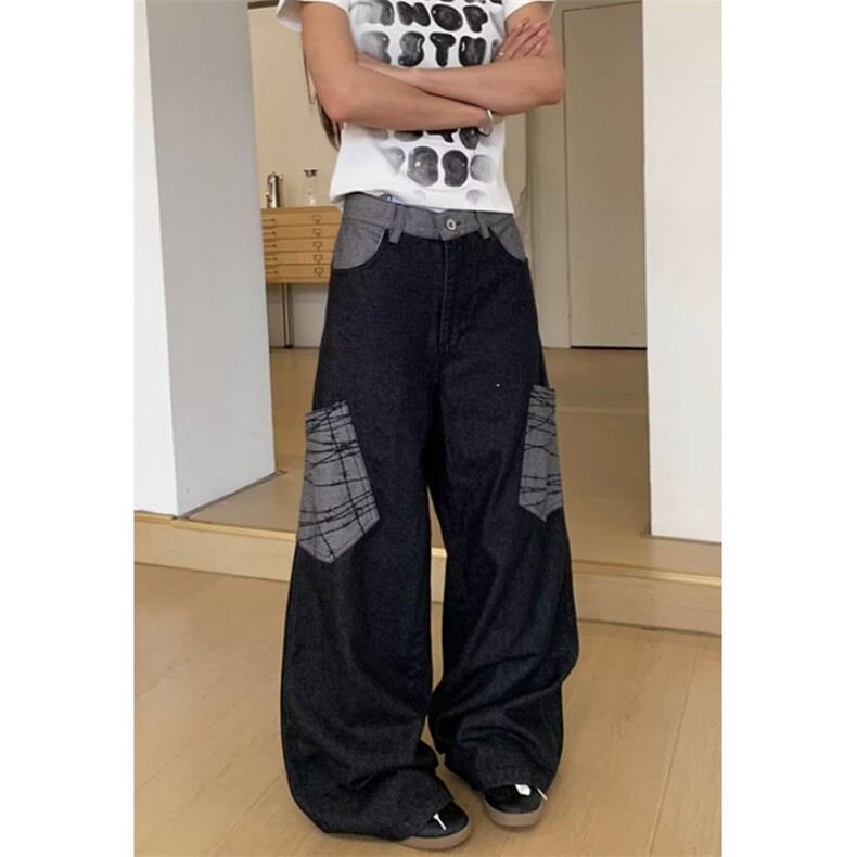大口袋弯刀拼接牛仔裤男女休闲美式直筒宽松休闲阔腿长裤 NB285图片