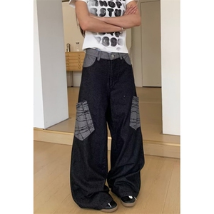 大口袋弯刀拼接牛仔裤男女休闲美式直筒宽松休闲阔腿长裤 NB285图片