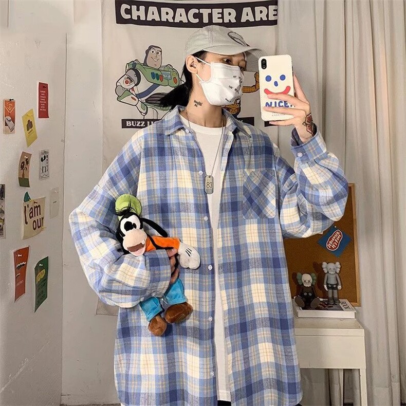 C203-P30港风格子长袖衬衫男春秋季宽松休闲薄款百搭外套,男装衬衫,电商B323A