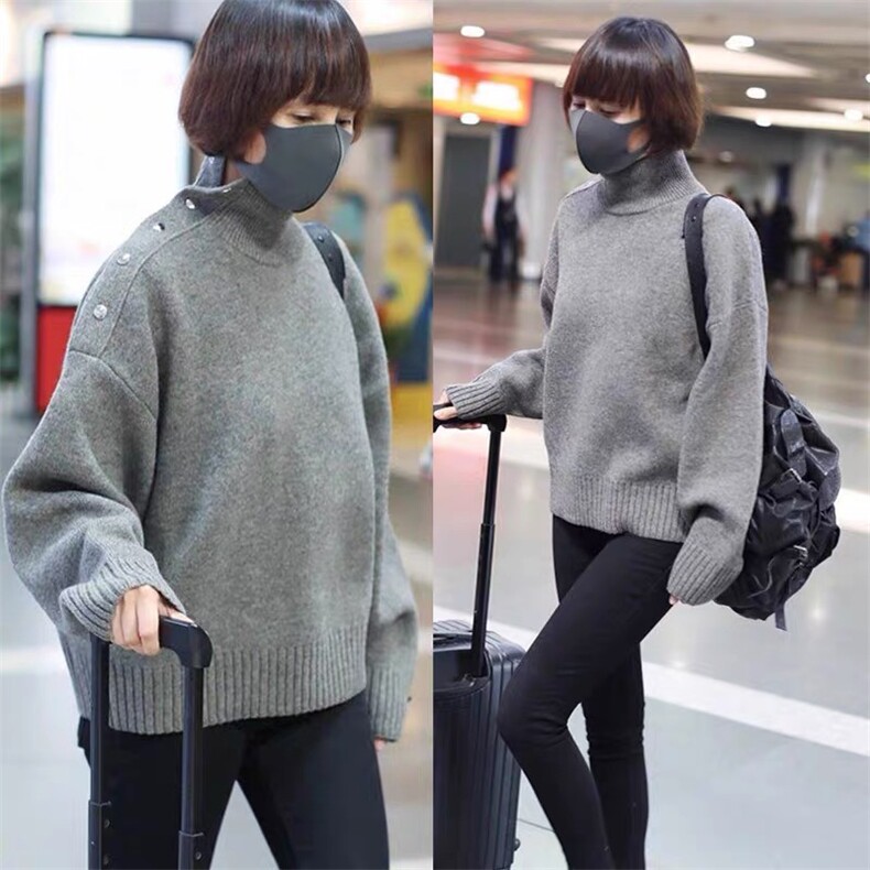 韩版宽松加厚纽扣高领套头羊绒衫35%羊绒，女装羊绒衫，以美红杉羊绒