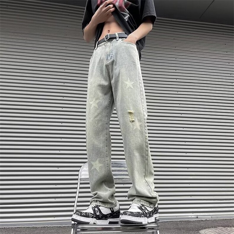 春秋男士高街水洗牛仔裤阔腿裤宽松直筒裤破洞裤潮裤子N7202-P43图片